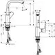 Einhebel-Waschtischmischer von Hansgrohe mit einem hohen Auslauf und seitlichem Bedienhebel. Technische Maße und Anschlussdetails sind im Diagramm dargestellt.